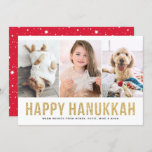 Imitate Gold Glitzer Foto Collage Happy Hanukkah Feiertagskarte<br><div class="desc">Freuen Sie sich auf einen erholsamen Urlaub mit einer kleinen,  stilvollen Multi-Foto-Urlaubskarte. Diese Hanukkah-Karte zeigt Imitate Gold Glitzer moderne Typografie mit drei Foto Collage. Andere Farben sind verfügbar. Bitte beachten Sie,  dass das Endprodukt keinen echten Glitzer enthält.</div>