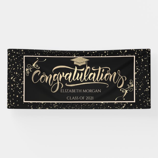 Imitate Gold Glitzer Graduate Cap, Confetti Banner (Horizontal)