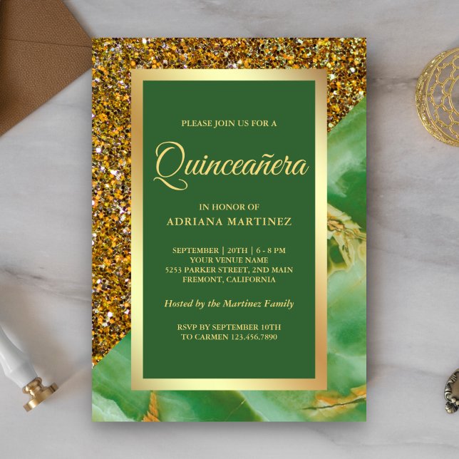 Imitate Gold Glitzer Grüner Marmor Quinceanera Einladung (Von Creator hochgeladen)