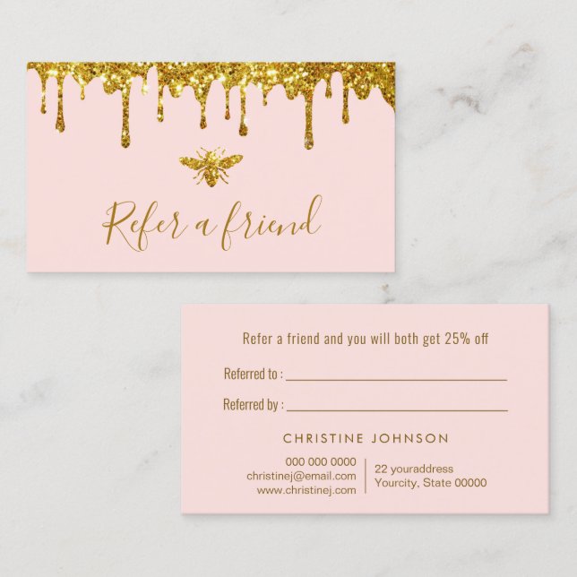 Imitate Gold Glitzer Honig auf rosa Referenzkarte Visitenkarte (Vorne/Hinten)