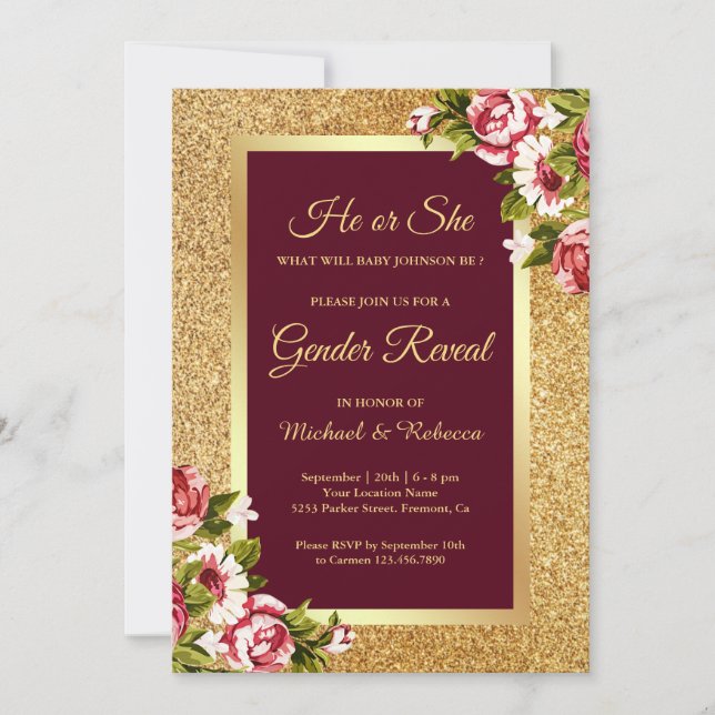 Imitate Gold Glitzer Maroon Floral Gender Reveal Einladung (Vorderseite)