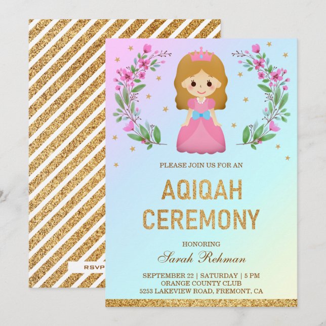 Imitate Gold Glitzer Niedlich Pink Princess Aqiqah Einladung (Vorne/Hinten)