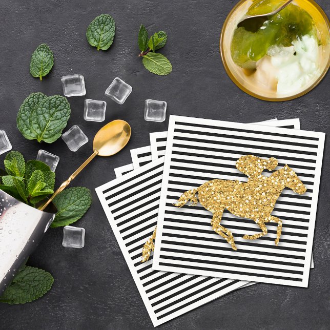 Imitate Gold Glitzer Race Race Race Black & White  Serviette (Gold racehorse and jockey on black and white stripes Derby  party cocktail napkins)