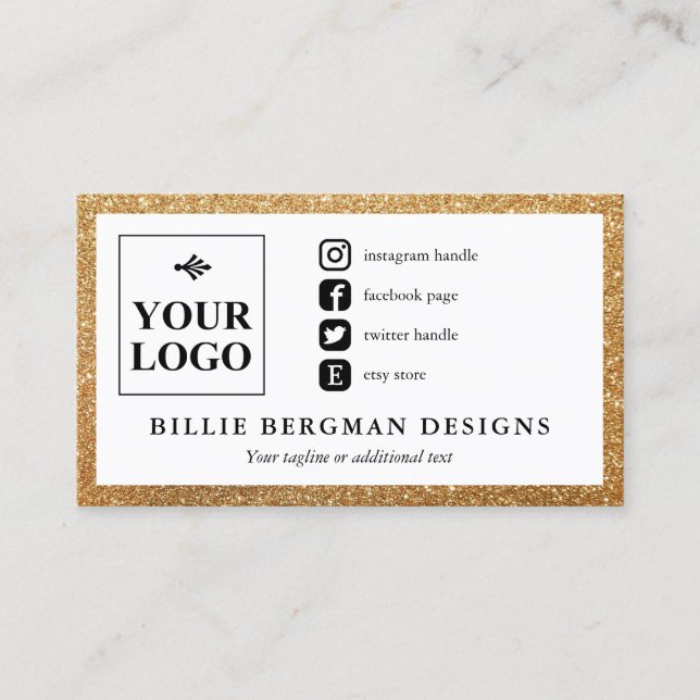 Imitate Gold Glitzer Social Media Icons mit Logo Visitenkarte (Vorderseite)