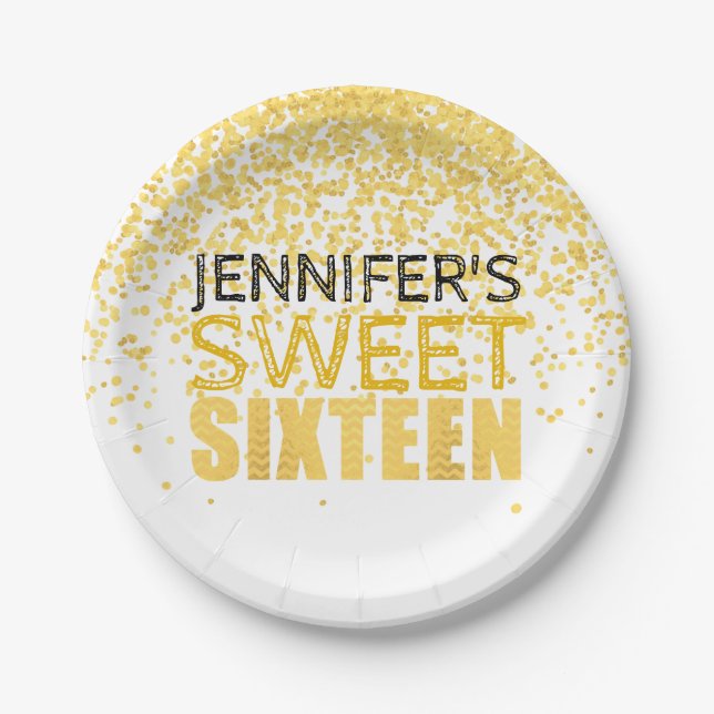 Imitate Gold Glitzer Sweet 16 Party Paper Teller (Vorderseite)