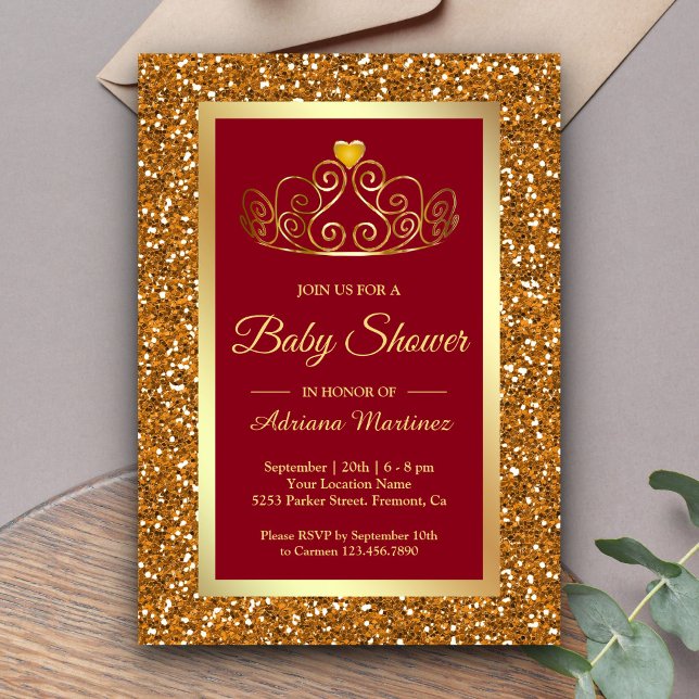 Imitate Gold Glitzer Tiara Princess Red Baby Dusch Einladung (Von Creator hochgeladen)