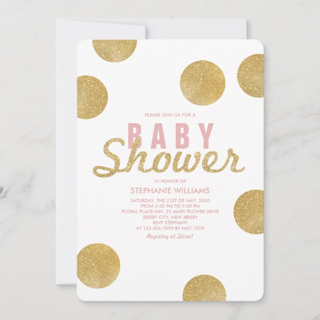 Imitate Gold Glitzer Weißrosa Kinderdusche Einladu Einladung (Vorderseite)