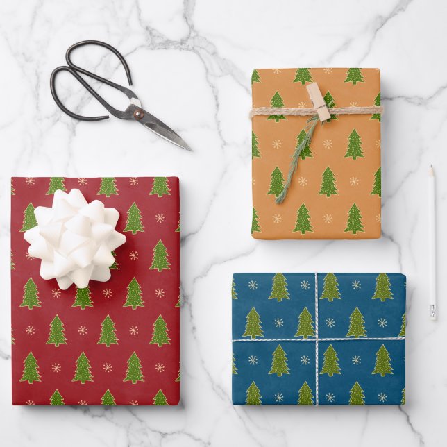 Imitate Gold Green Blue Weihnachtsbaumen Muster Geschenkpapier Set (Vorderseite)