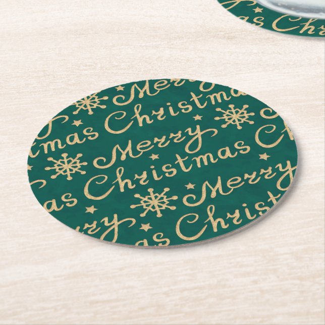 Imitate Gold & Green Frohe Weihnachtsbriefe Runder Pappuntersetzer (Angewinkelt)