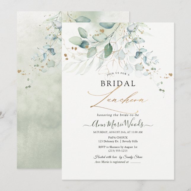 Imitate Gold Green Watercolor Eukalyptus Luncheon Einladung (Vorne/Hinten)