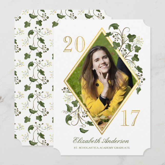 Imitate Gold Ivy League Grad Foto Einladung (Vorne/Hinten)