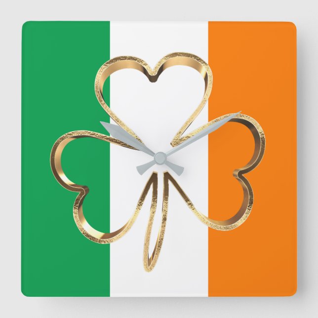 Imitate Gold Kleeblatt Closing Irish Flag Quadratische Wanduhr (Vorderseite)