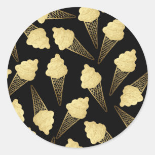 Imitate Gold Leaf Ice Creme Connen auf schwarz Runder Aufkleber