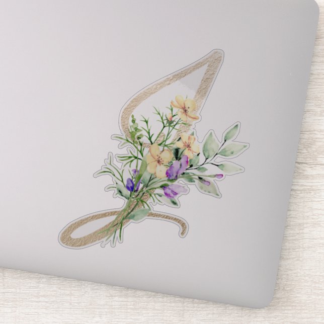 Imitate Gold Letter "J" Wasserfarbe Wilde Blume Aufkleber (Detail)