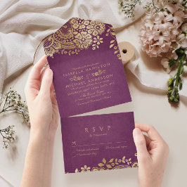Imitate Gold lila Vintage Hochzeit All In One Einladung