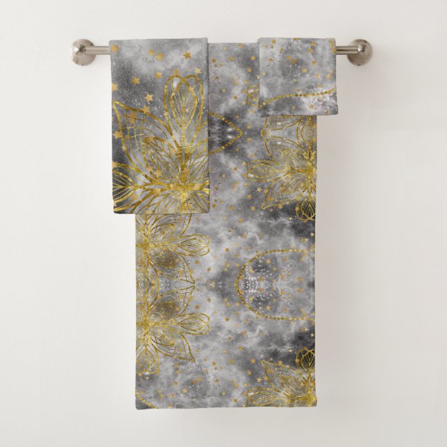 Imitate Gold Mandala & Smoky Grau Design Badhandtuch Set (Insitu)
