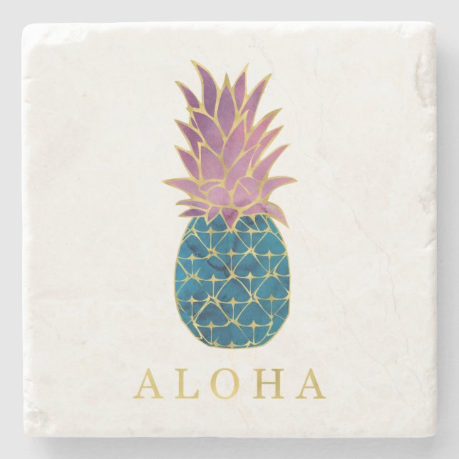 Imitate Gold mit blauer und Lila Ananas Aloha Steinuntersetzer (Vorderseite)