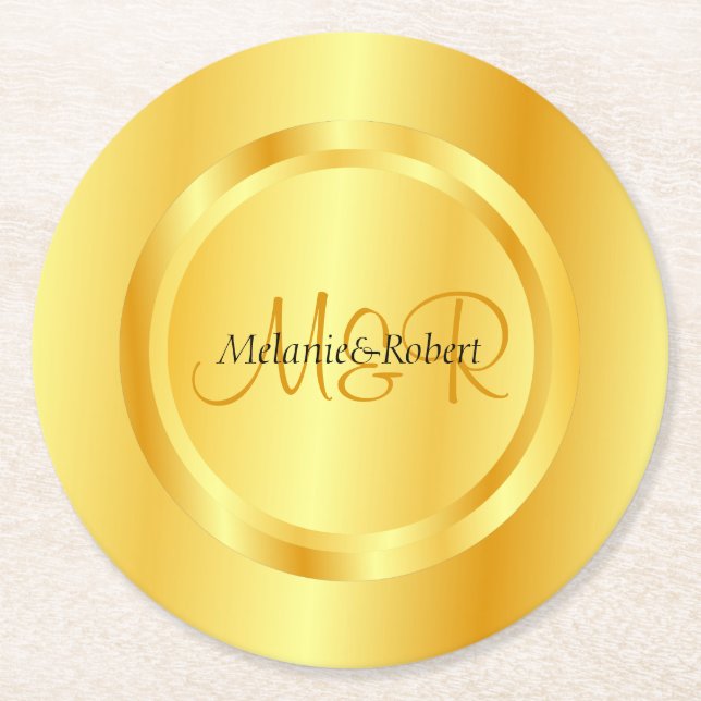 Imitate Gold Moderne Monogram Elegante Custom Temp Runder Pappuntersetzer (Vorderseite)