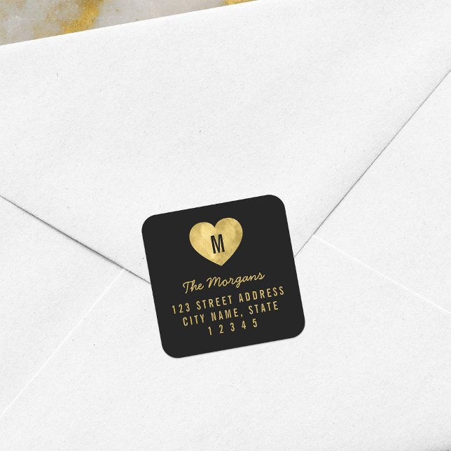 Imitate Gold Monogram Heart Family Rücksendeadress Quadratischer Aufkleber (Von Creator hochgeladen)