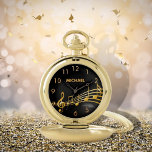 Imitate Gold Musiknoten schwarze Namen Taschenuhr<br><div class="desc">Einfach und elegant für Musikliebhaber oder Musiker! Schwarzer Hintergrund mit Imitaten goldenen Musiknoten. Vorlage für Ihren Namen,  goldene Buchstaben. Goldene Uhrennummern.</div>