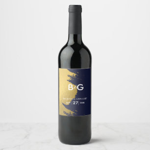 Imitate Gold Navy Blue Monogram Wedding Weinetikett
