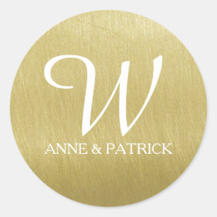 Imitate Gold (ocker) Monogramm und Namen, Hochzeit Runder Aufkleber