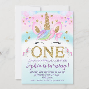 Imitate Gold One Einhorn Regenbogen 1. Geburtstag Einladung