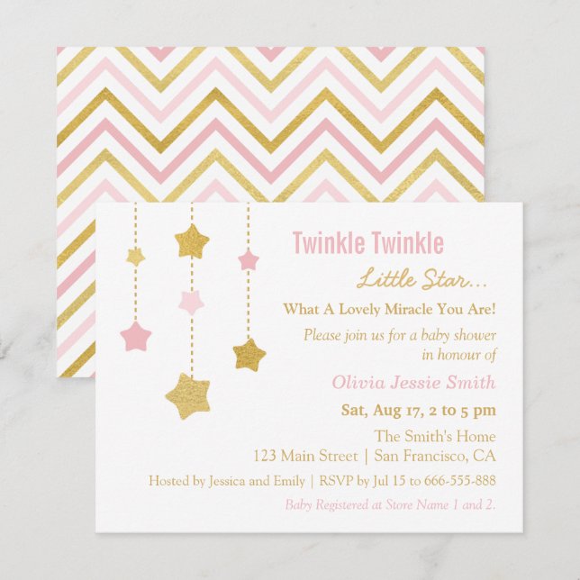 Imitate Gold Pink Twinkle Little Star Baby Dusche Einladung (Vorne/Hinten)