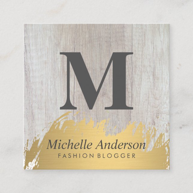 Imitate Gold Pinsel Monogram | Holzkörner Quadratische Visitenkarte (Vorderseite)