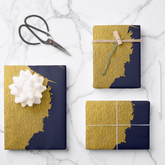 Imitate Gold Pinselstriche mit Navy Blue Backgroun Geschenkpapier Set (Vorderseite)