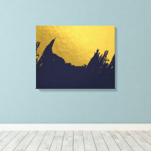 Imitate Gold Pinselstriche mit Navy Blue Backgroun Leinwanddruck