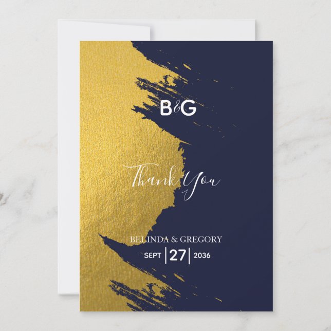 Imitate Gold Pinselstriche Navy Blue Monogram Wedd Dankeskarte (Rückseite)