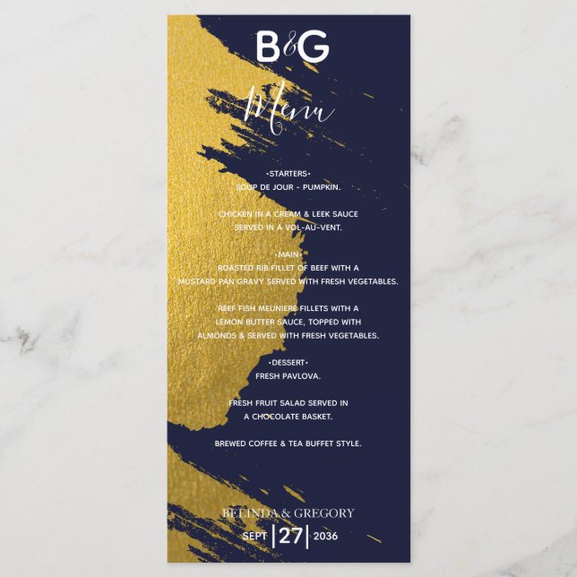 Imitate Gold Pinselstriche Navy Blue Monogram Wedd Menükarte (Vorderseite)