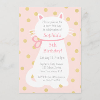 Imitate Gold Polka Dots White Cat Geburtstagsparty Einladung