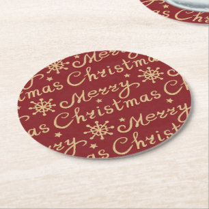 Imitate Gold & Red Frohe Weihnachtsbriefe Runder Pappuntersetzer