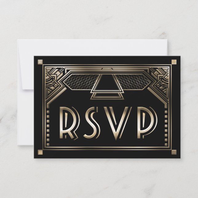 Imitate Gold Shaded Gatsby Art Deco Wedding RSVP Karte (Vorderseite)