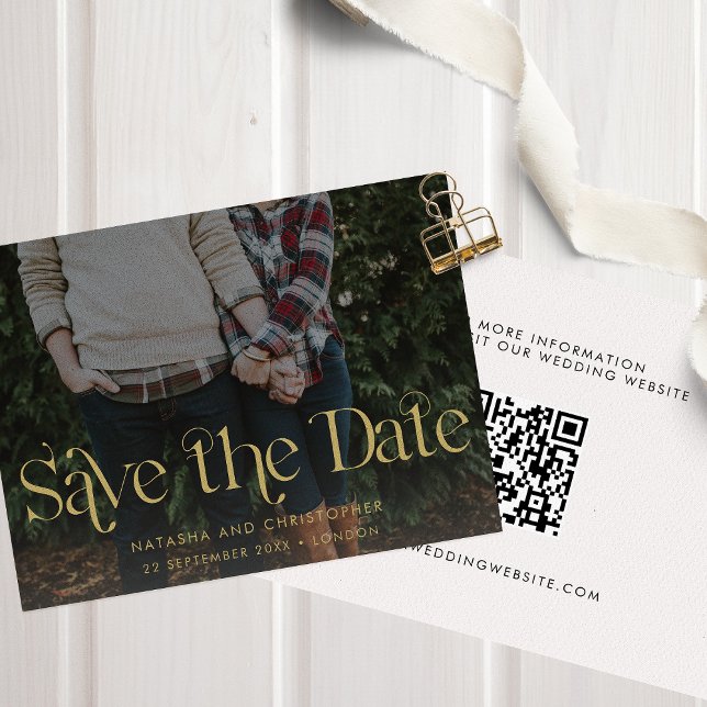 Imitate Gold Typografie QR Code Foto Save The Date (Von Creator hochgeladen)