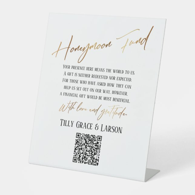 Imitate Gold Typografy Honeymoon Fund QR Code Sockelschild (Vorderseite)
