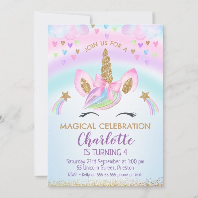 Imitate Gold Unicorn Bow Rainbow Birthday Einladung (Vorderseite)