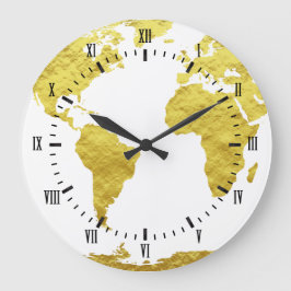Imitate Gold Weltkarte Holzplanen Weiße Zahlen Große Wanduhr