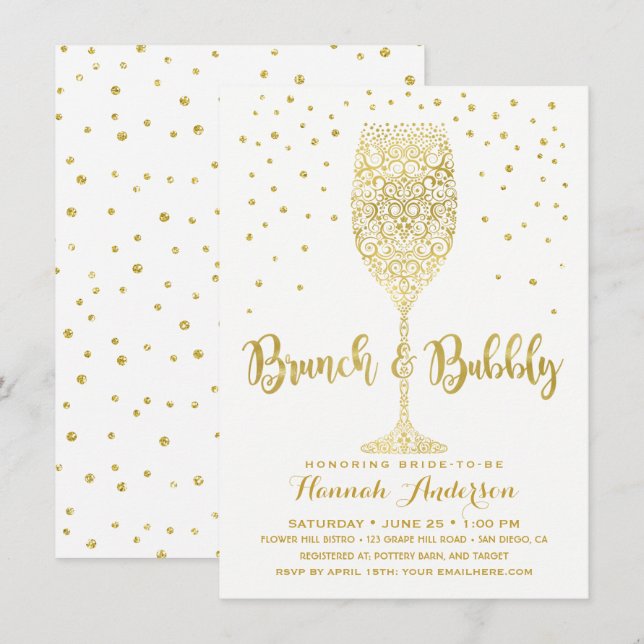 Imitate Gold & White Brunch & Bubbly Brautparty Einladung (Vorne/Hinten)