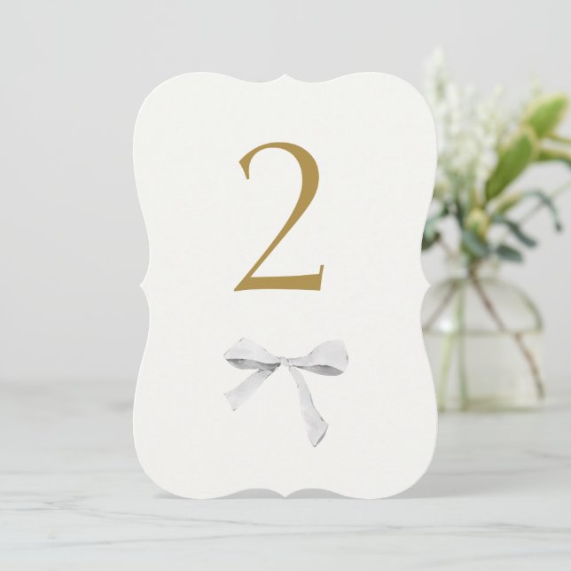 Imitate Gold | White Ribbon Wedding Tischnummer (Stehend Vorderseite)