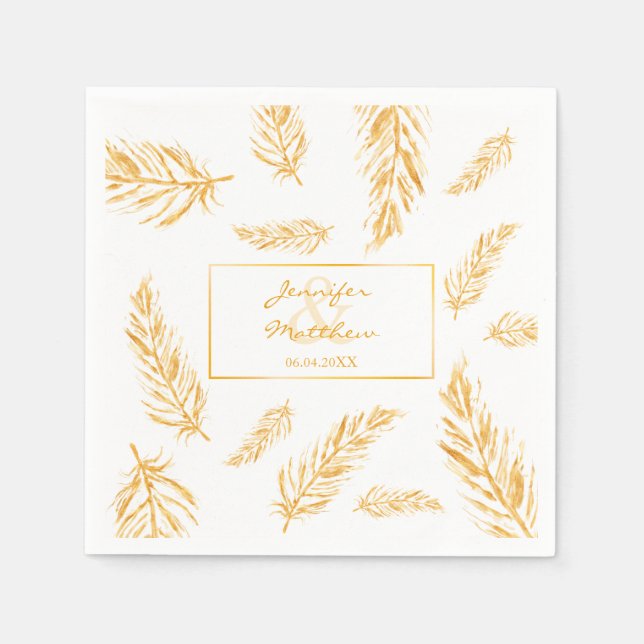 Imitate Golden Yellow Feathers & Wedding Couple Na Serviette (Vorderseite)