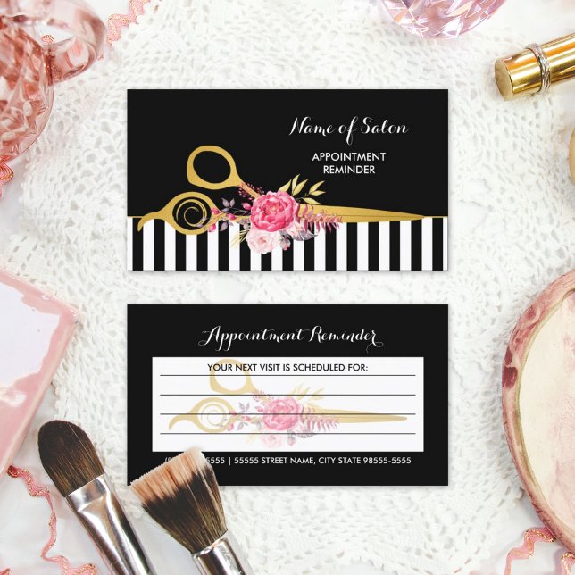 Imitate Goldene Schere Rosa Blumenhaar Ernennung Terminkarte (Faux Gold Scissors Pink Floral Hair Appointment Business Cards)