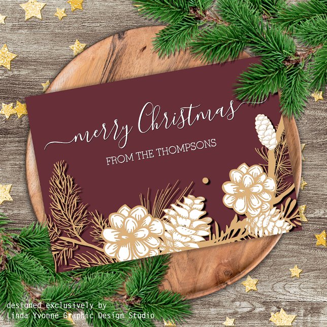 Imitate Goldenen Pine Cones Needles auf Mauve Pink Postkarte (Von Creator hochgeladen)