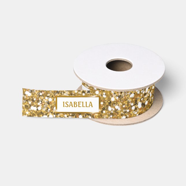 Imitate Goldener gelber Glitzer Textur mit Text Satinband (Spule)