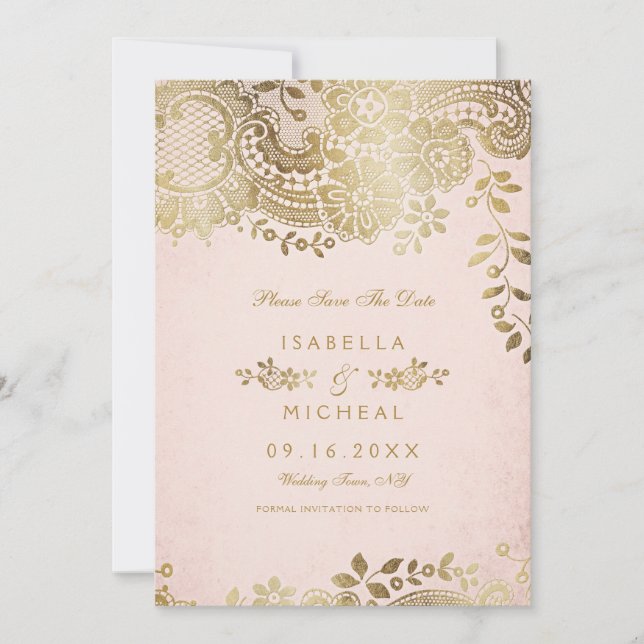 Imitate goldfarbene elegante Spitzen Hochzeit spei Save The Date (Vorderseite)