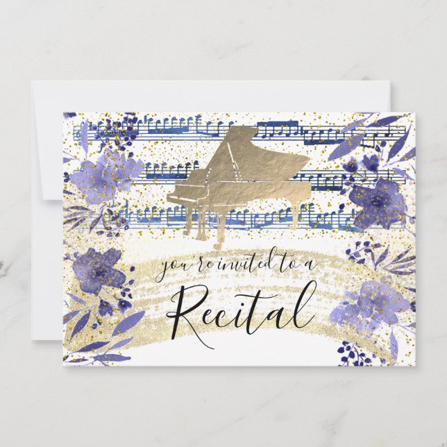 IMITATE Goldfolie auf indigoblaue Blume Einladung (Vorderseite)