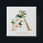 Imitate Goldfolie Hübscher Blumenbrief A Monogramm Button<br><div class="desc">Feminine und elegante Blumenschaltfläche mit Aquarellbildern von Blume,  Grün und Imitate. Personalisieren Sie das Programm durch Hinzufügen eines Namens oder einer kurzen Wortgruppe. Dieser monogramm Blumenknopf ist ein personalisiertes Geschenk.</div>