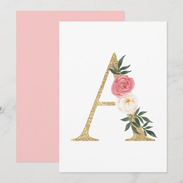 Imitate Goldfolie Letter A Blush Floral Monogram Einladung (Vorne/Hinten)